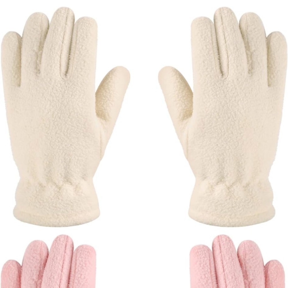2 Pairs Kids Fleece Gloves Polar Full Finger Winter Warm Gloves Pink & off White